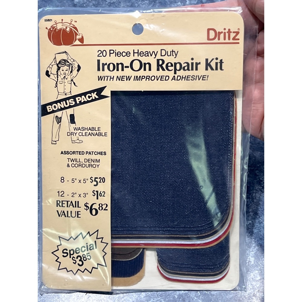 Vintage Dritz 20 Piece Heavy Duty Iron-On Repair Kit Denim Twill Patches